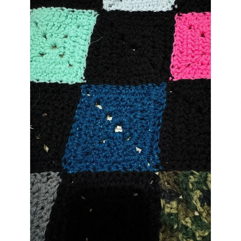 Handmade Granny Square Crochet‎ Afghan Blanket Multi-Color Patchwork Large Black